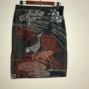 Michael Kors Cotton Blend Artsy Japanese Crane Print Midi Skirt SZ 8